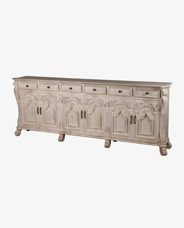 6-Door Distressed White Mango Wood Credenza | Solid Carved Panels