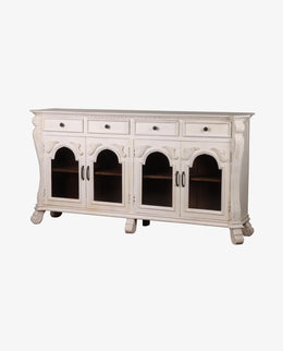 White Mango Wood Sideboard Cabinet | 4 Glass Door, 4 Drawer Storage Console
