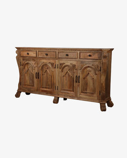 Hand Carved Mango Wood Sideboard | 4 Door, 4 Drawer Rustic Storage Cabinet