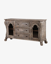 Vintage Mango Wood Sideboard | 2 Glass Door, 3 Drawer Storage Cabinet