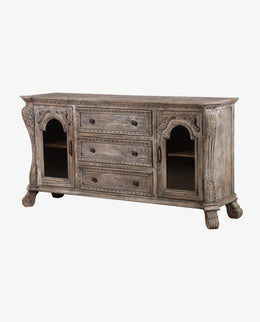 Vintage Mango Wood Sideboard | 2 Glass Door, 3 Drawer Storage Cabinet