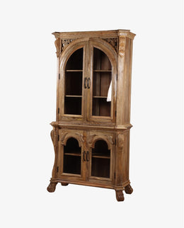 Hand-Carved Mango Wood 4-Door Glass Display Cabinet | Natural Finish