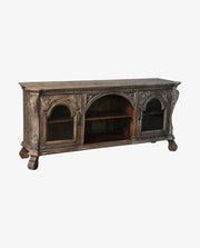 Rustic Mango Wood Plasma TV Cabinet | 2 Glass Door Entertainment Unit | Sandblasted Finish