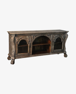 Rustic Mango Wood Plasma TV Cabinet | 2 Glass Door Entertainment Unit | Sandblasted Finish