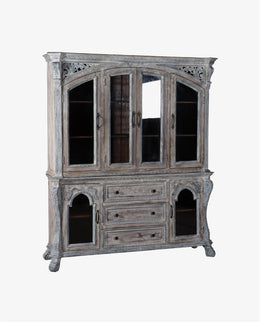 Grand Mango Wood 6-Door Glass Sideboard & Hutch | Sandblasted Finish