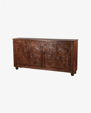 Rustic Hand-Carved 4-Door Mango Wood Cabinet | Sandblasted Grey Finish