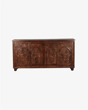 Rustic Hand-Carved 4-Door Mango Wood Cabinet | Sandblasted Grey Finish