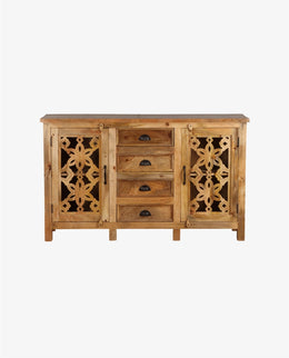 Traditional Hand-Carved Mango Wood 4-Door Armoire | Natural Finish