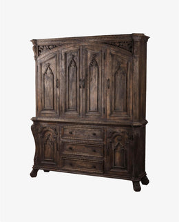 Hand-Carved 6-Door Mango Wood Armoire - Dark Sandblasted Charcoal