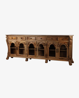 Extra-Long 6-Door Mango Wood Sideboard | Natural Glass Front